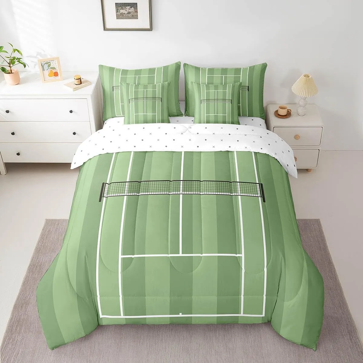 Sport Tennis Queen Comforter Set with Sheets Bed in a Bag 7 Pcs,3D Tennis Court Bed Set,Green Grassland Ball Game Playground Bedding Sets with Comforter,Flat,Fitted Sheet,Pillowcases,Pillow Covers