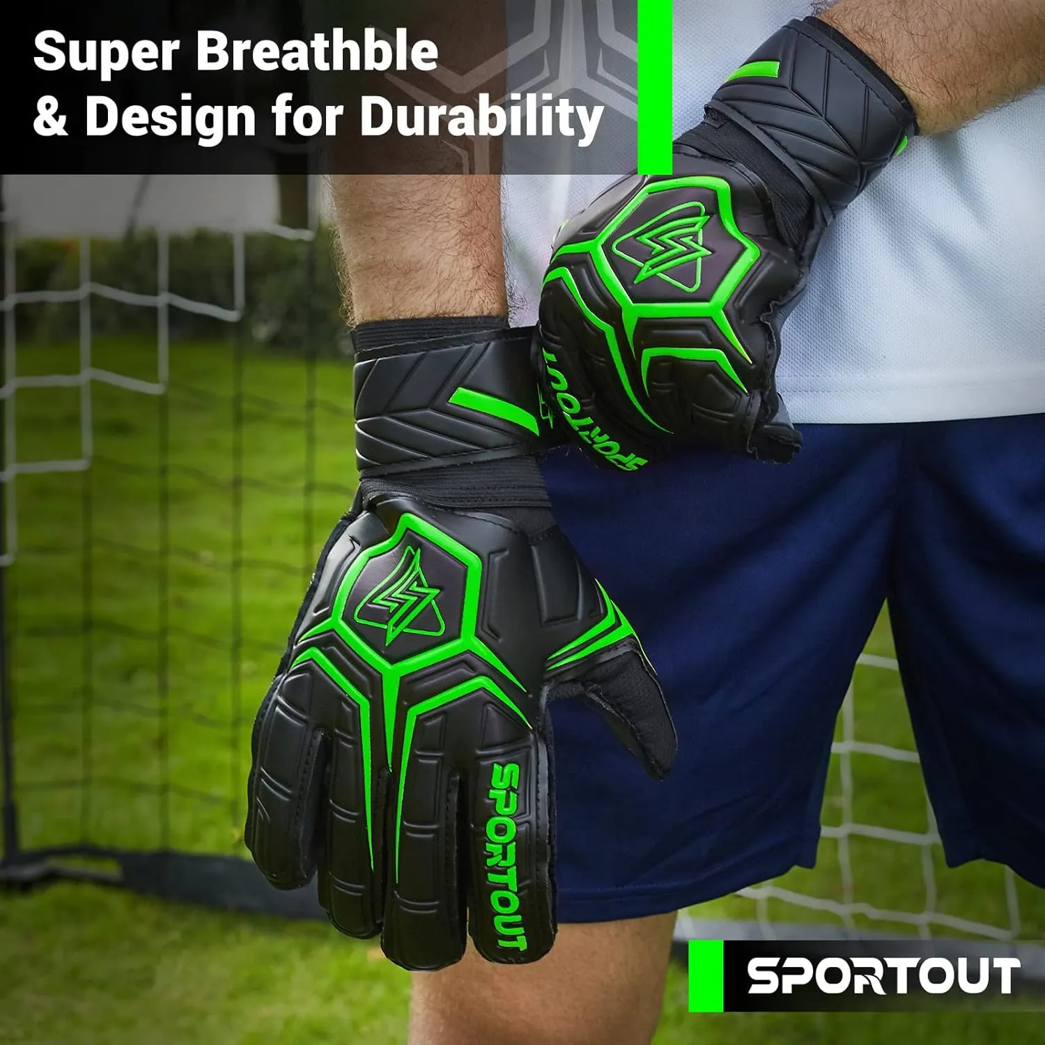 Sportout Goalie Gloves, Goalkeeper Gloves with Finger Protection, Breathable Soccer Goalie Gloves, 4mm Latex, for Kids Youth and Adult