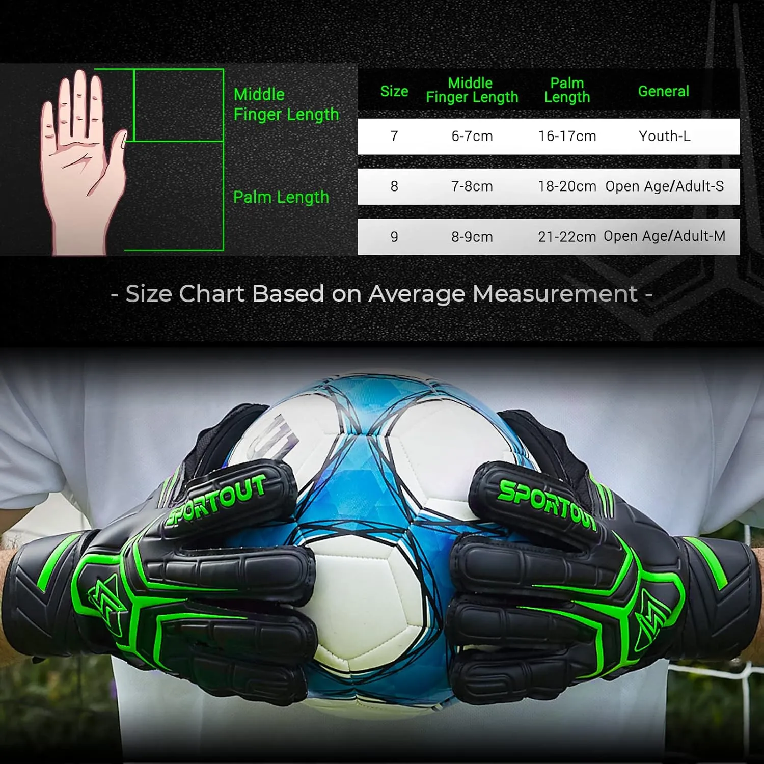 Sportout Goalie Gloves, Goalkeeper Gloves with Finger Protection, Breathable Soccer Goalie Gloves, 4mm Latex, for Kids Youth and Adult