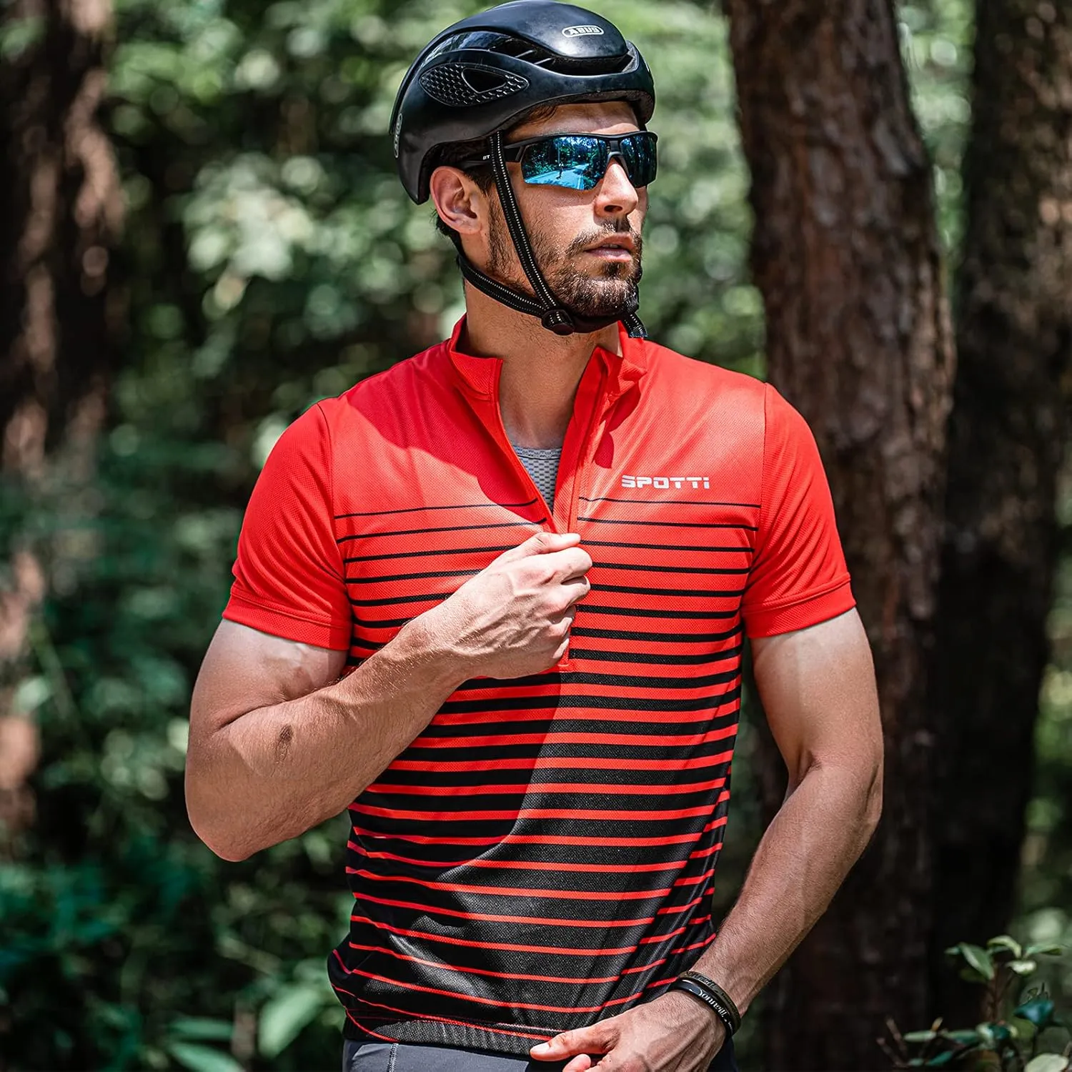 Spotti Men's Cycling Bike Jersey Short Sleeve with 3 Rear Pockets- Moisture Wicking, Breathable, Quick Dry Biking Shirt