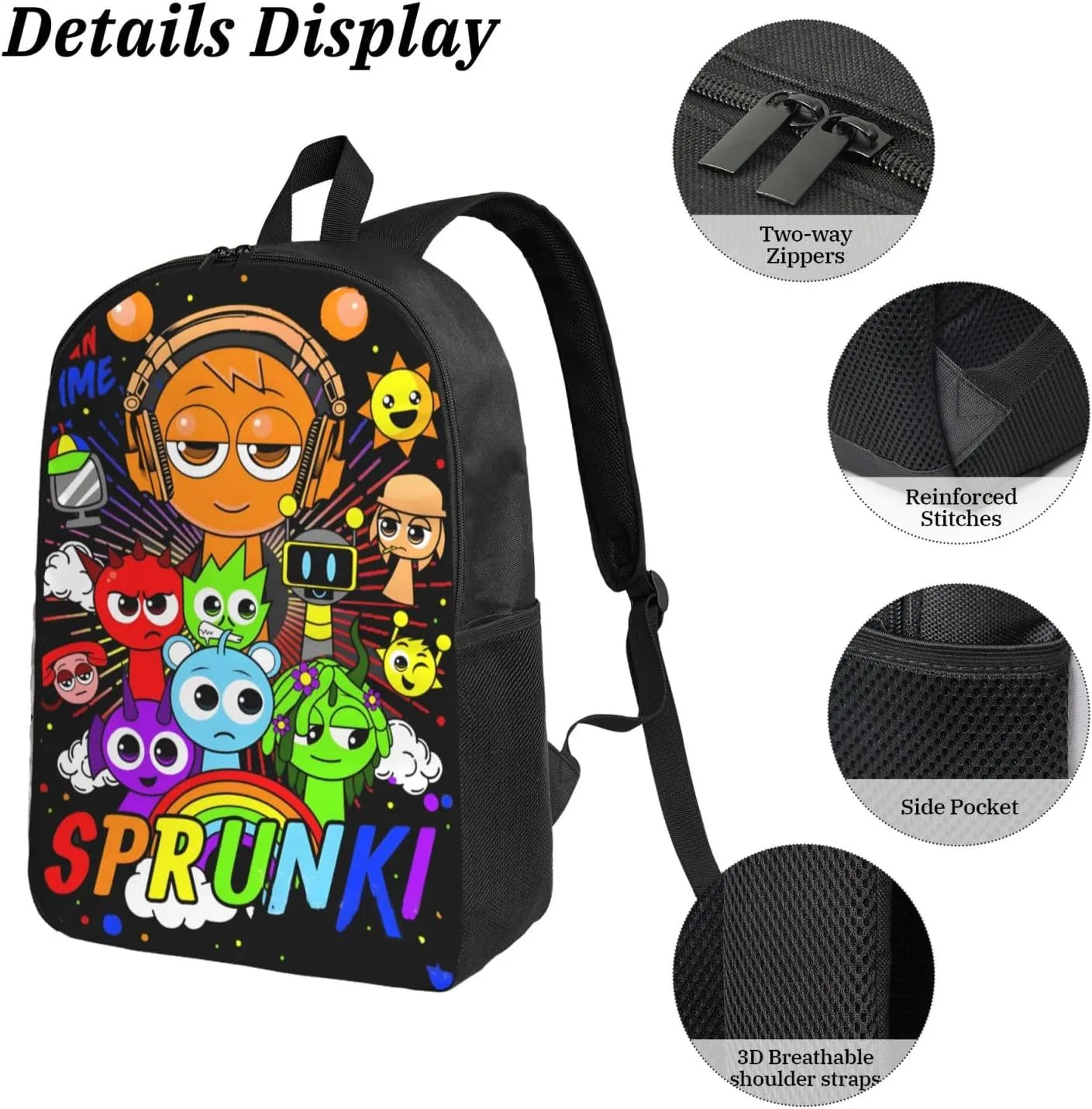 Sprunki Backpack Cartoon Print Fashion Lightweight Multi-Purpose Backpack, Unisex, 3set