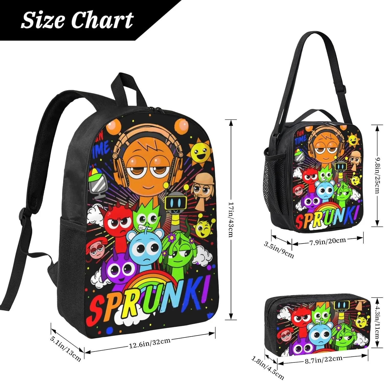 Sprunki Backpack Cartoon Print Fashion Lightweight Multi-Purpose Backpack, Unisex, 3set