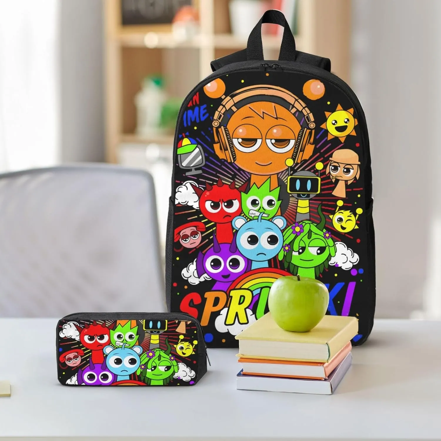 Sprunki Backpack Cartoon Print Fashion Lightweight Multi-Purpose Backpack, Unisex, 3set