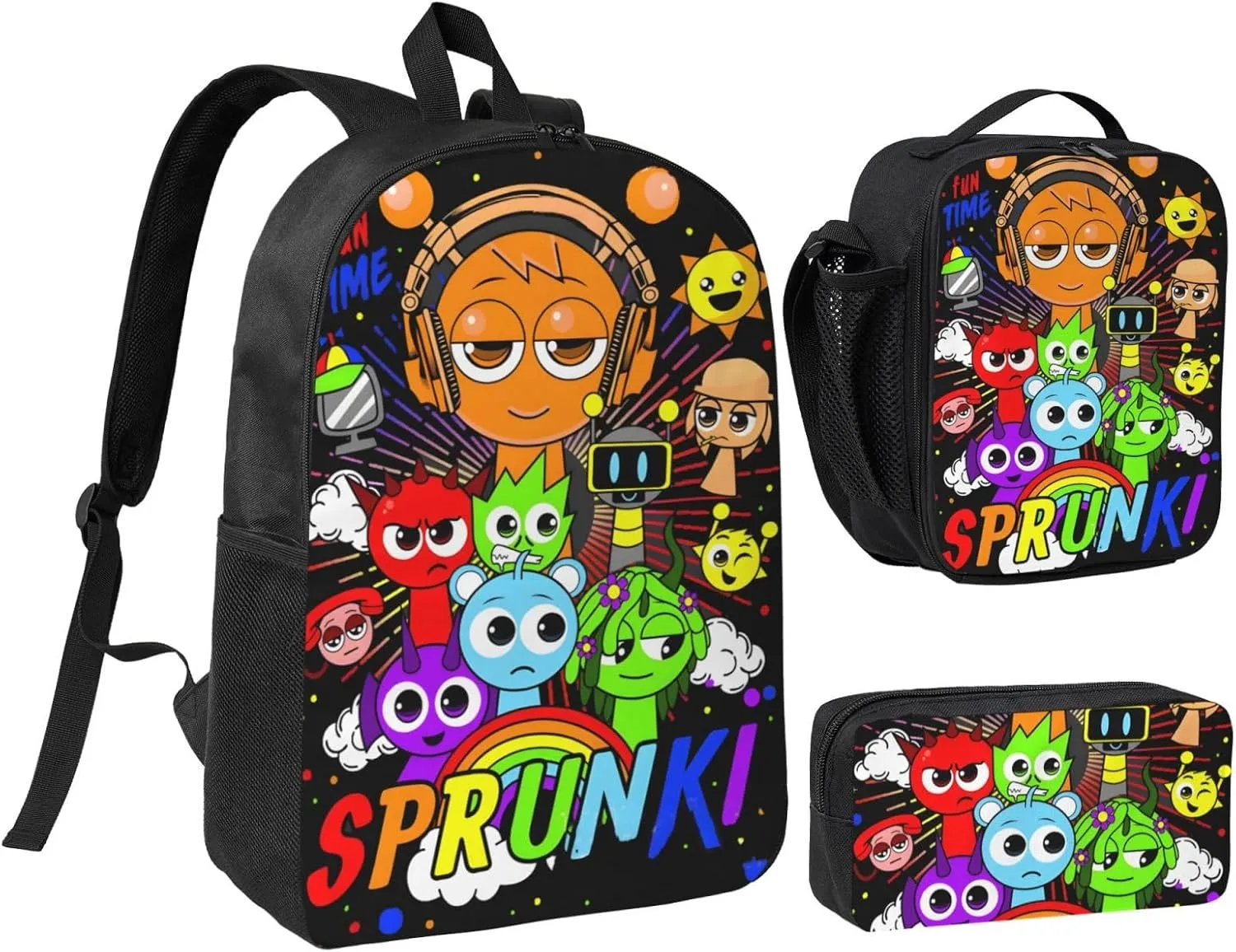 Sprunki Backpack Cartoon Print Fashion Lightweight Multi-Purpose Backpack, Unisex, 3set