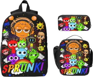 Sprunki Backpack Cartoon Print Fashion Lightweight Multi-Purpose Backpack, Unisex, 3set