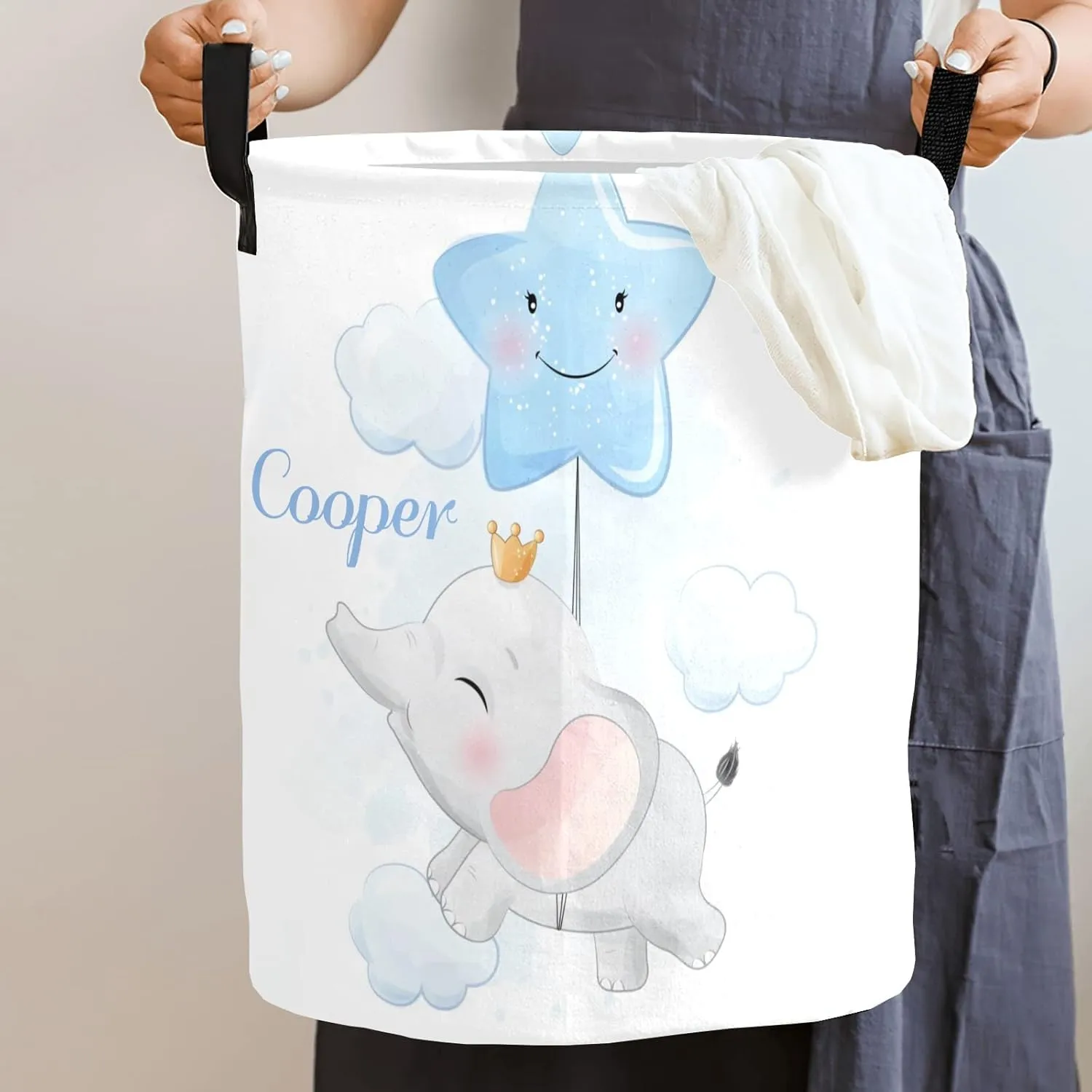 Star Little Prince Elephant Personalized Waterproof Foldable Laundry Basket Bag with Handle, Custom Collapsible Clothes Hamper Storage Bin for Toys Laundry Dorm Travel Bathroom