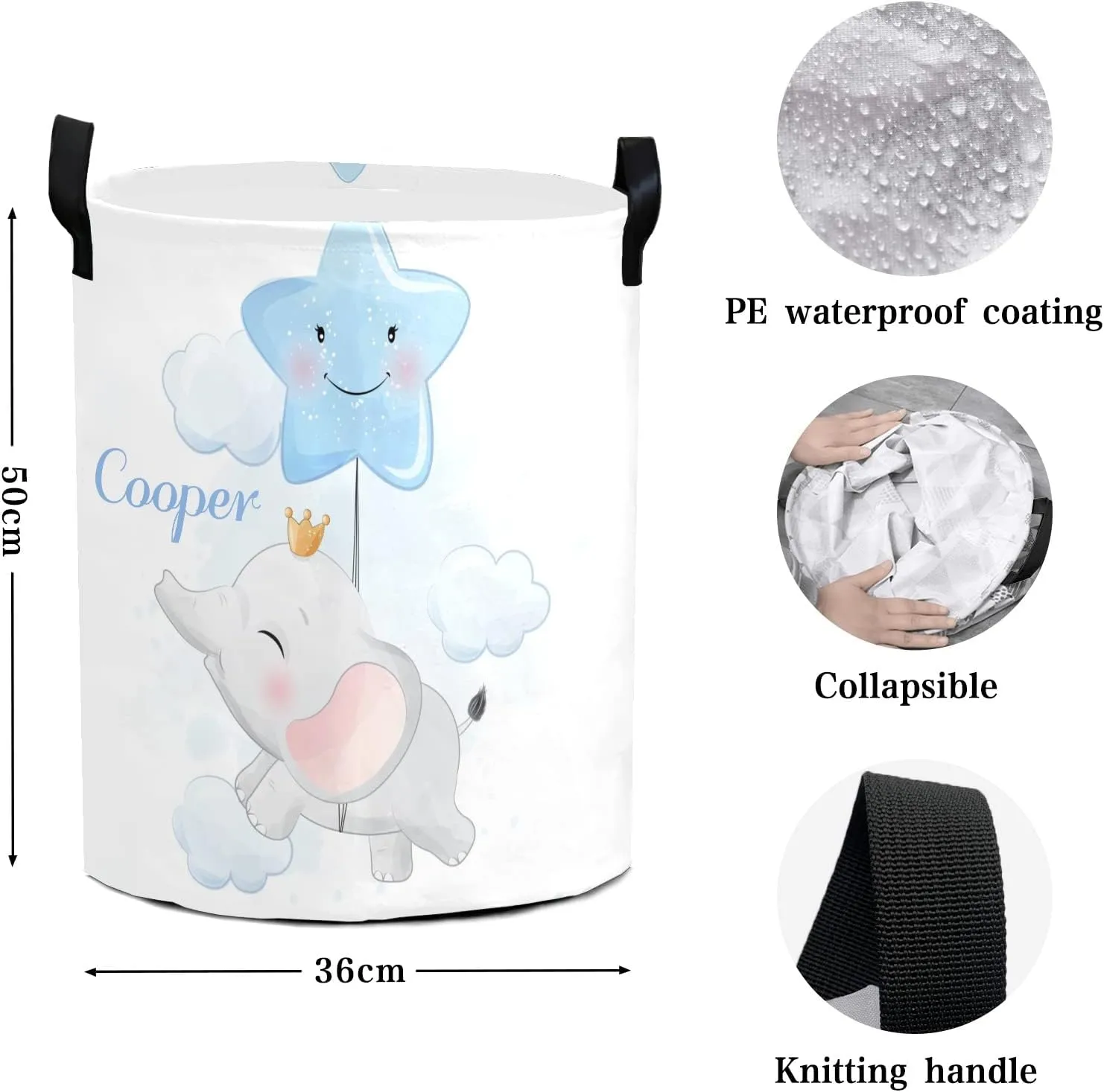 Star Little Prince Elephant Personalized Waterproof Foldable Laundry Basket Bag with Handle, Custom Collapsible Clothes Hamper Storage Bin for Toys Laundry Dorm Travel Bathroom