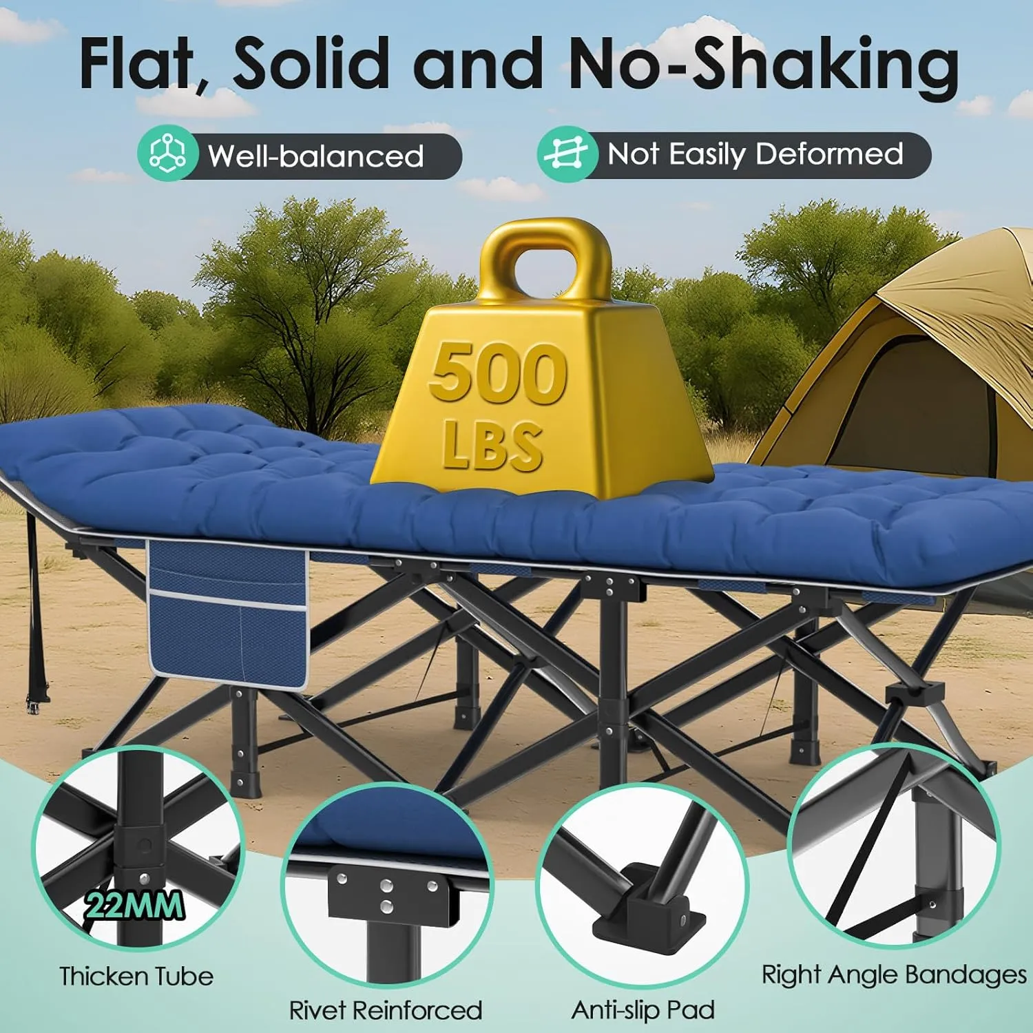 Suteck Camping Cot, 32In XXL Folding Camping Cot Heavy Duty Sleeping Bed for Adults 1200D Double Layer Oxford Cots for Camping W/Pilllow Mat Carry Bag for Home Office Travel 500lbs