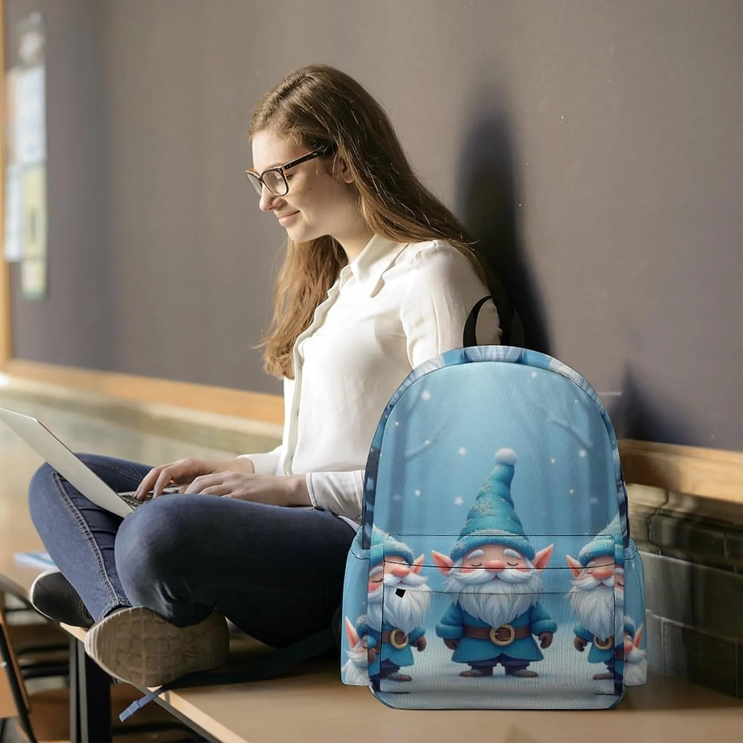 SWEET TANG College Backpack Lightweight for Women Men, Large Capacity and Comfortable Bookbag Rucksack Compatible with Christmas Gnomes Cute Dwarf Blue Laptop Backpack