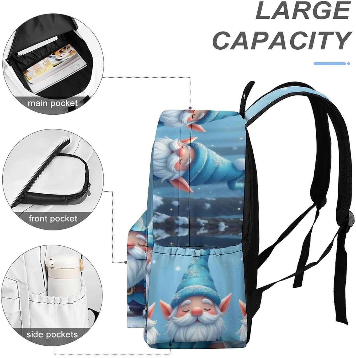 SWEET TANG College Backpack Lightweight for Women Men, Large Capacity and Comfortable Bookbag Rucksack Compatible with Christmas Gnomes Cute Dwarf Blue Laptop Backpack