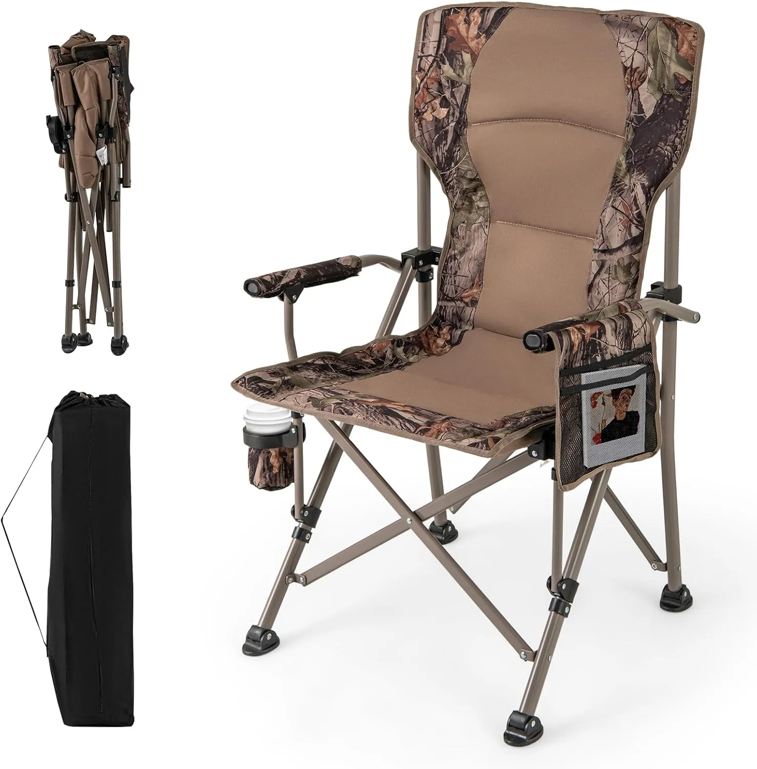 Tangkula Folding Camping Chair, Portable Camp Chair with Padded Seat, Cup Holder, Storage Pocket, Outdoor Lawn Chair with Carrying Bag for Fishing, Picnic, Travel, No Assembly Needed