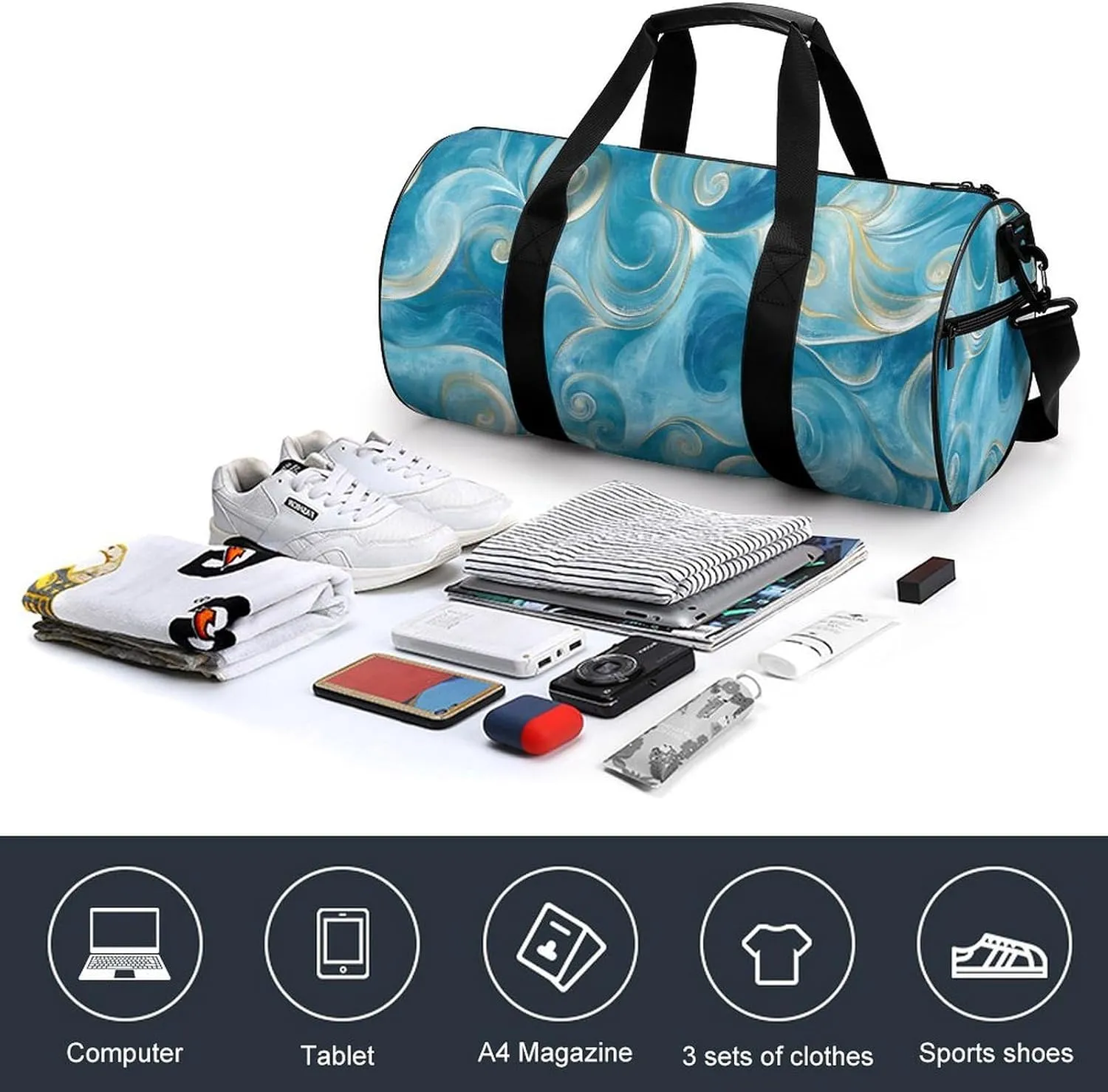 Teal Marble Swirl Texture Travel Gym Bag for Women Men Cylindrical Duffle Bag Sport Workout Bag with Shoulder Strap