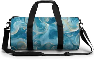 Teal Marble Swirl Texture Travel Gym Bag for Women Men Cylindrical Duffle Bag Sport Workout Bag with Shoulder Strap