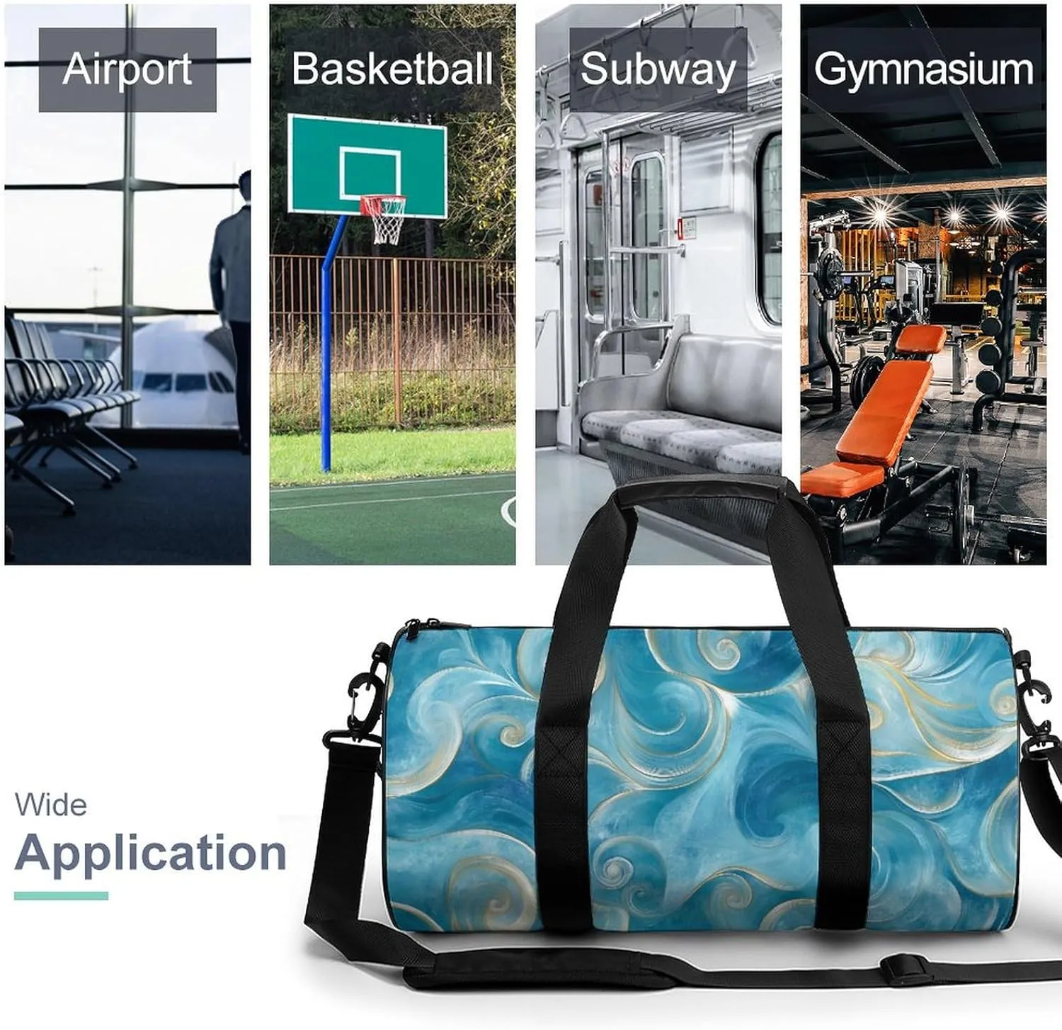 Teal Marble Swirl Texture Travel Gym Bag for Women Men Cylindrical Duffle Bag Sport Workout Bag with Shoulder Strap
