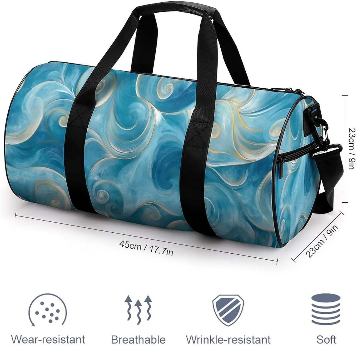 Teal Marble Swirl Texture Travel Gym Bag for Women Men Cylindrical Duffle Bag Sport Workout Bag with Shoulder Strap