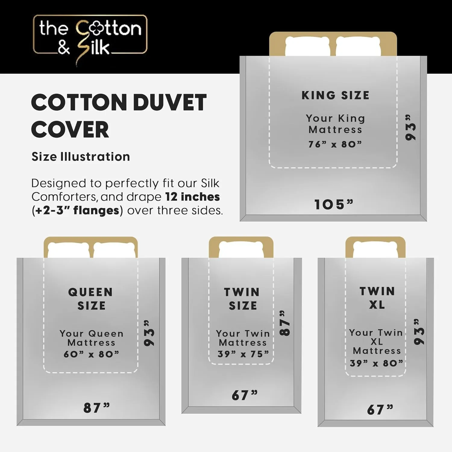 THE COTTON & SILK 100% Luxury Long-Staple Cotton Duvet Cover Set - Soft & Breathable, Queen Size, White (1 Duvet Cover with Corner Ties & Hidden Zipper, 2 Pillow Shams)