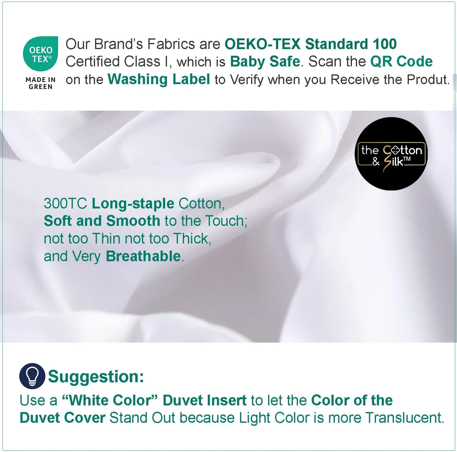 THE COTTON & SILK 100% Luxury Long-Staple Cotton Duvet Cover Set - Soft & Breathable, Queen Size, White (1 Duvet Cover with Corner Ties & Hidden Zipper, 2 Pillow Shams)