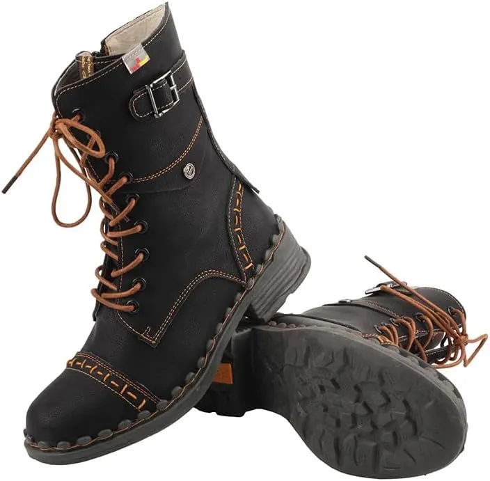 TMA EYES Women's Clasical Lace-Up Zipper Breathable Lining Flat with Hand-stitched Mid-calf Boots