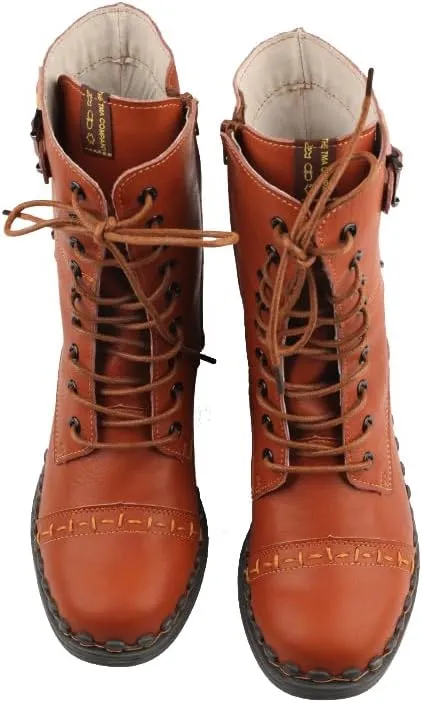 TMA EYES Women's Clasical Lace-Up Zipper Breathable Lining Flat with Hand-stitched Mid-calf Boots