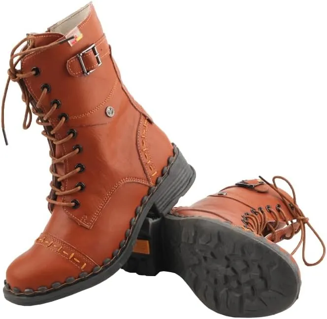 TMA EYES Women's Clasical Lace-Up Zipper Breathable Lining Flat with Hand-stitched Mid-calf Boots