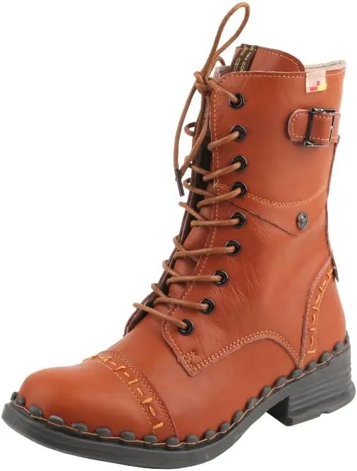TMA EYES Women's Clasical Lace-Up Zipper Breathable Lining Flat with Hand-stitched Mid-calf Boots