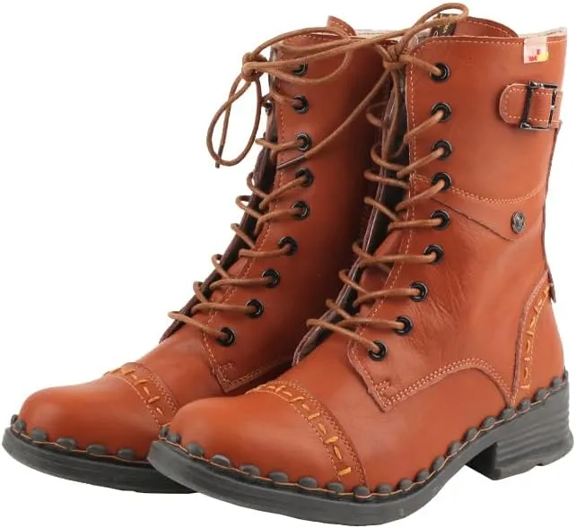 TMA EYES Women's Clasical Lace-Up Zipper Breathable Lining Flat with Hand-stitched Mid-calf Boots