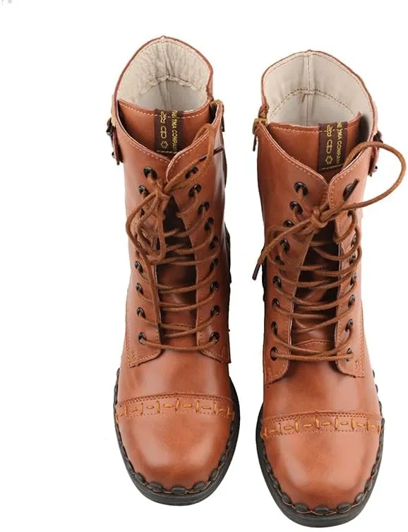 TMA EYES Women's Clasical Lace-Up Zipper Breathable Lining Flat with Hand-stitched Mid-calf Boots