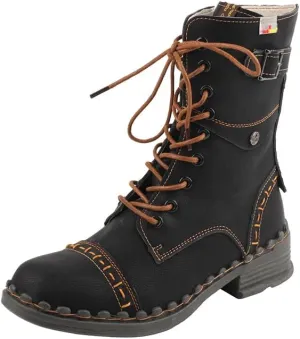 TMA EYES Women's Clasical Lace-Up Zipper Breathable Lining Flat with Hand-stitched Mid-calf Boots