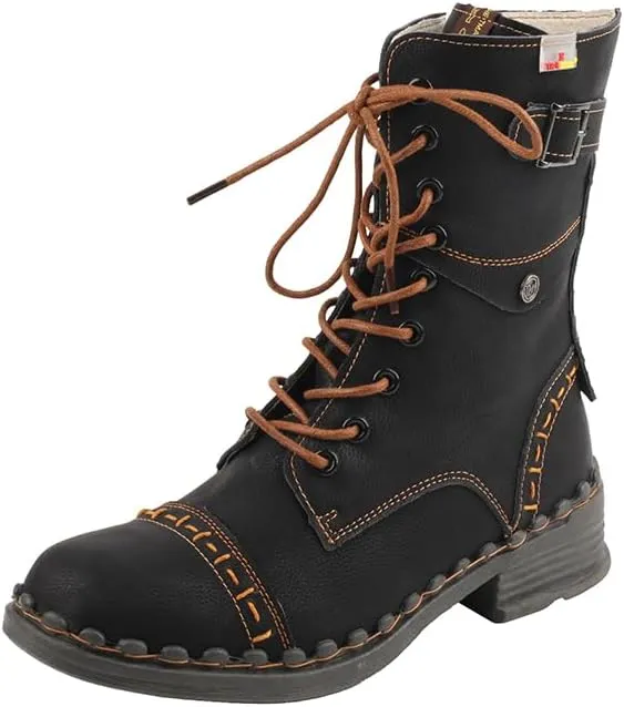 TMA EYES Women's Clasical Lace-Up Zipper Breathable Lining Flat with Hand-stitched Mid-calf Boots