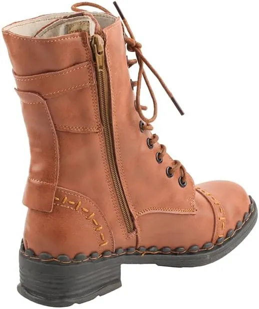 TMA EYES Women's Clasical Lace-Up Zipper Breathable Lining Flat with Hand-stitched Mid-calf Boots