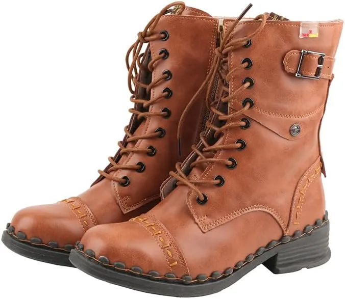 TMA EYES Women's Clasical Lace-Up Zipper Breathable Lining Flat with Hand-stitched Mid-calf Boots