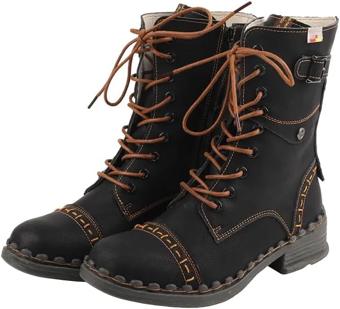 TMA EYES Women's Clasical Lace-Up Zipper Breathable Lining Flat with Hand-stitched Mid-calf Boots