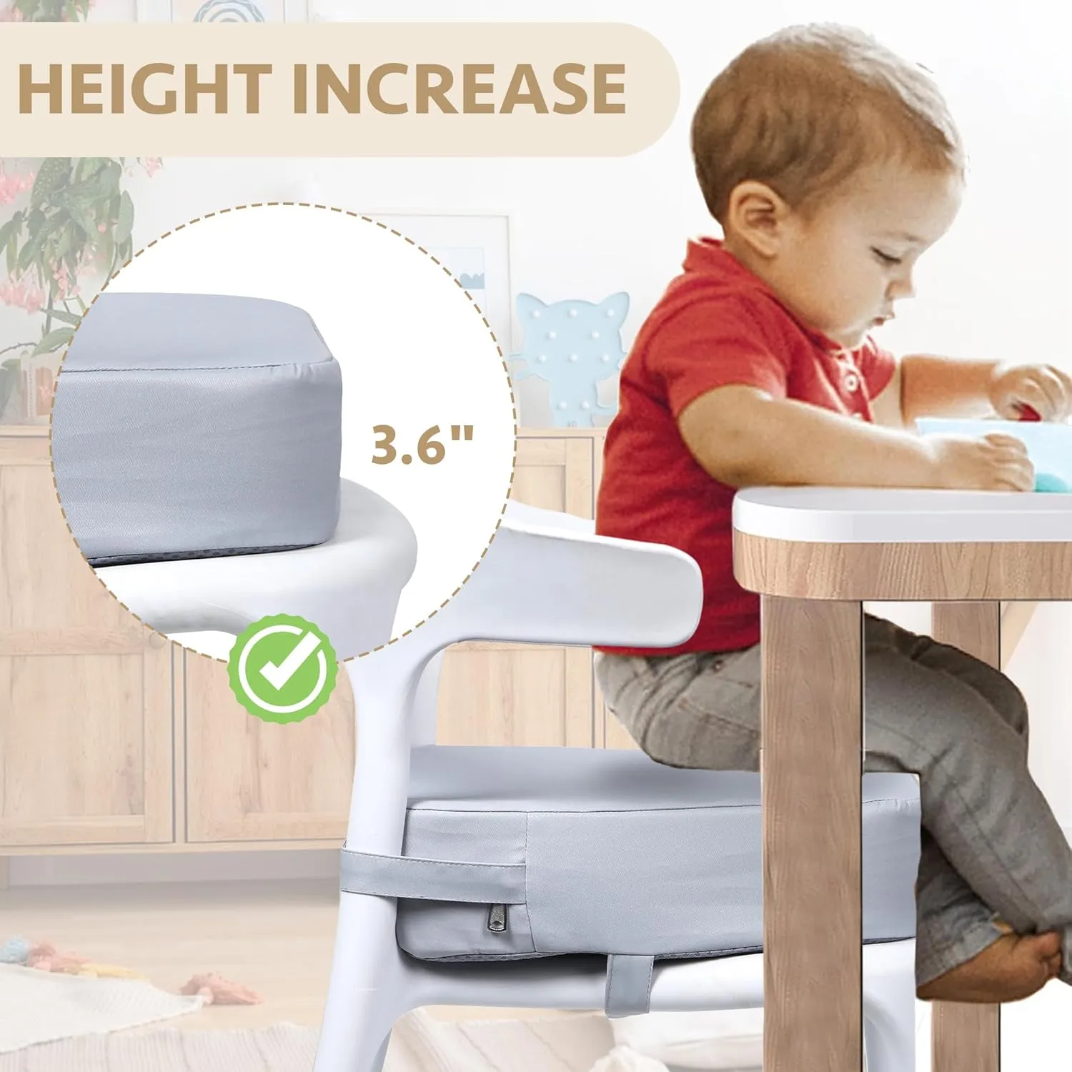 Toddler Booster Seat for Dining Table, Portable Kids Booster Seat with Safety Buckles, High Cushion for Travel with Non-Slip Bottom (Gray)