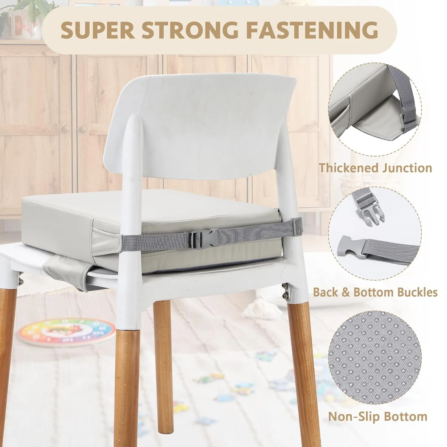 Toddler Booster Seat for Dining Table (PU Material),Portable Kids Booster Seat with Safety Buckles, High Cushion for Travel with Non-Slip Bottom