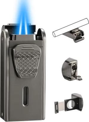 Torch Lighter, All in One Jet Flame Butane Lighter Built-in Cutter, Punch, Holder Function, Refillable and Adjustable Windproof Gas Lighter, Mens Gifts. Black(Sold Without Gas)