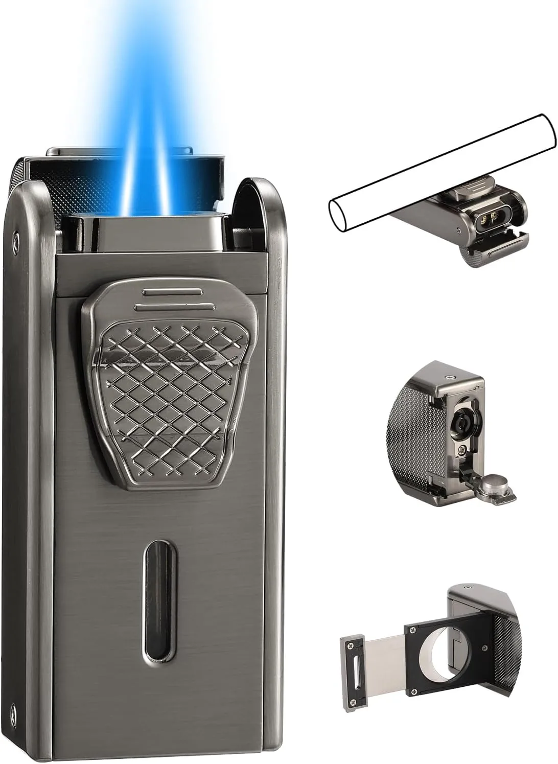Torch Lighter, All in One Jet Flame Butane Lighter Built-in Cutter, Punch, Holder Function, Refillable and Adjustable Windproof Gas Lighter, Mens Gifts. Black(Sold Without Gas)