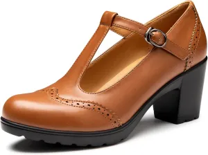 Trary Women's Pumps Classic T-Strap Round Toe Mary Jane Shoes for Women, Comfortable Low Chunky Block Heels Oxfords Dress Work Pumps Shoes for Women