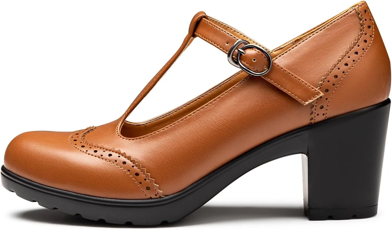 Trary Women's Pumps Classic T-Strap Round Toe Mary Jane Shoes for Women, Comfortable Low Chunky Block Heels Oxfords Dress Work Pumps Shoes for Women
