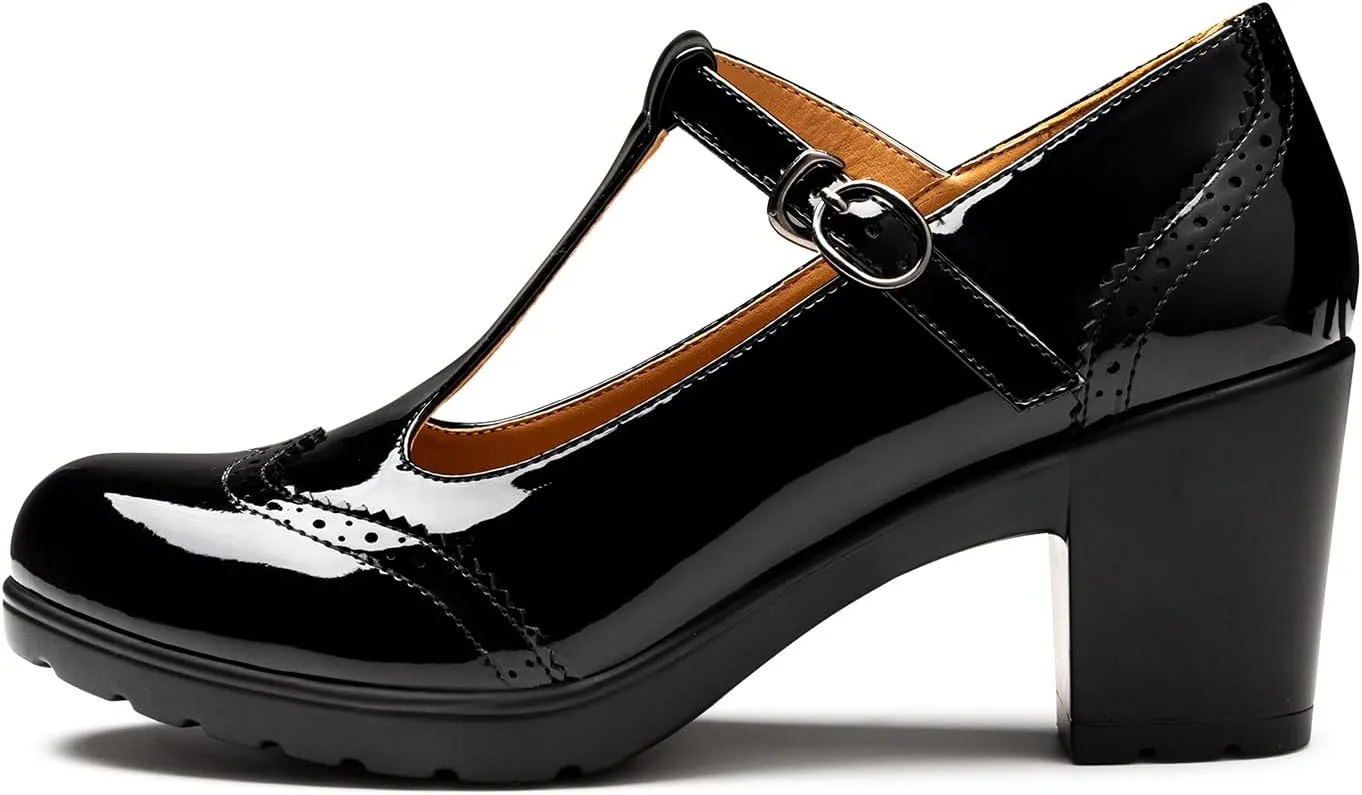 Trary Women's Pumps Classic T-Strap Round Toe Mary Jane Shoes for Women, Comfortable Low Chunky Block Heels Oxfords Dress Work Pumps Shoes for Women