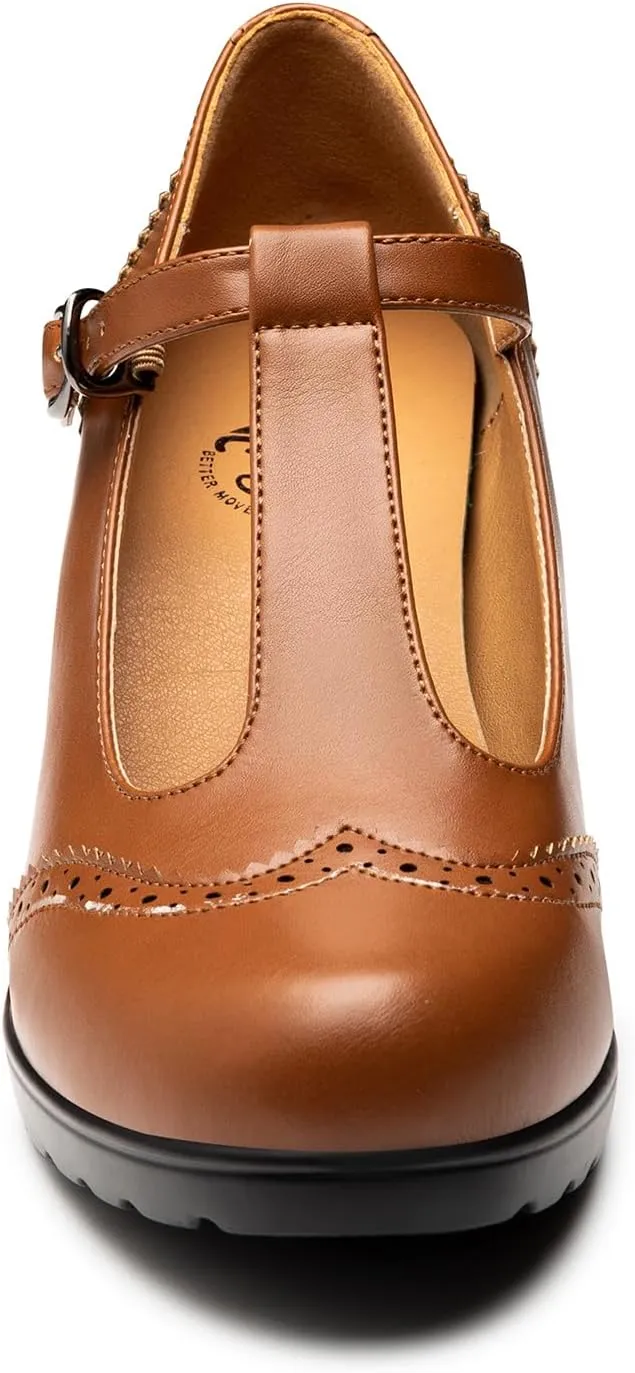 Trary Women's Pumps Classic T-Strap Round Toe Mary Jane Shoes for Women, Comfortable Low Chunky Block Heels Oxfords Dress Work Pumps Shoes for Women
