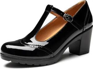 Trary Women's Pumps Classic T-Strap Round Toe Mary Jane Shoes for Women, Comfortable Low Chunky Block Heels Oxfords Dress Work Pumps Shoes for Women