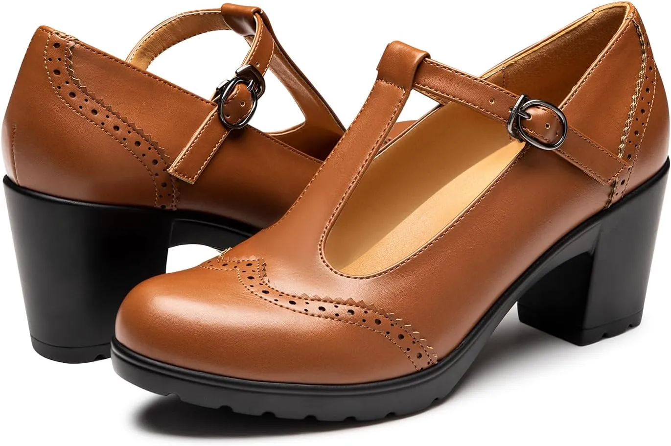 Trary Women's Pumps Classic T-Strap Round Toe Mary Jane Shoes for Women, Comfortable Low Chunky Block Heels Oxfords Dress Work Pumps Shoes for Women