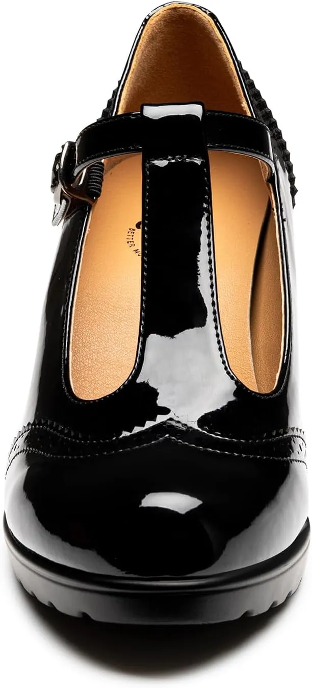 Trary Women's Pumps Classic T-Strap Round Toe Mary Jane Shoes for Women, Comfortable Low Chunky Block Heels Oxfords Dress Work Pumps Shoes for Women