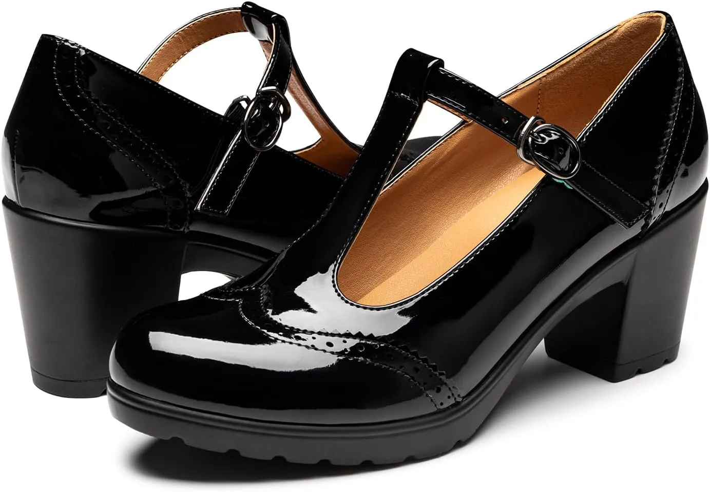Trary Women's Pumps Classic T-Strap Round Toe Mary Jane Shoes for Women, Comfortable Low Chunky Block Heels Oxfords Dress Work Pumps Shoes for Women