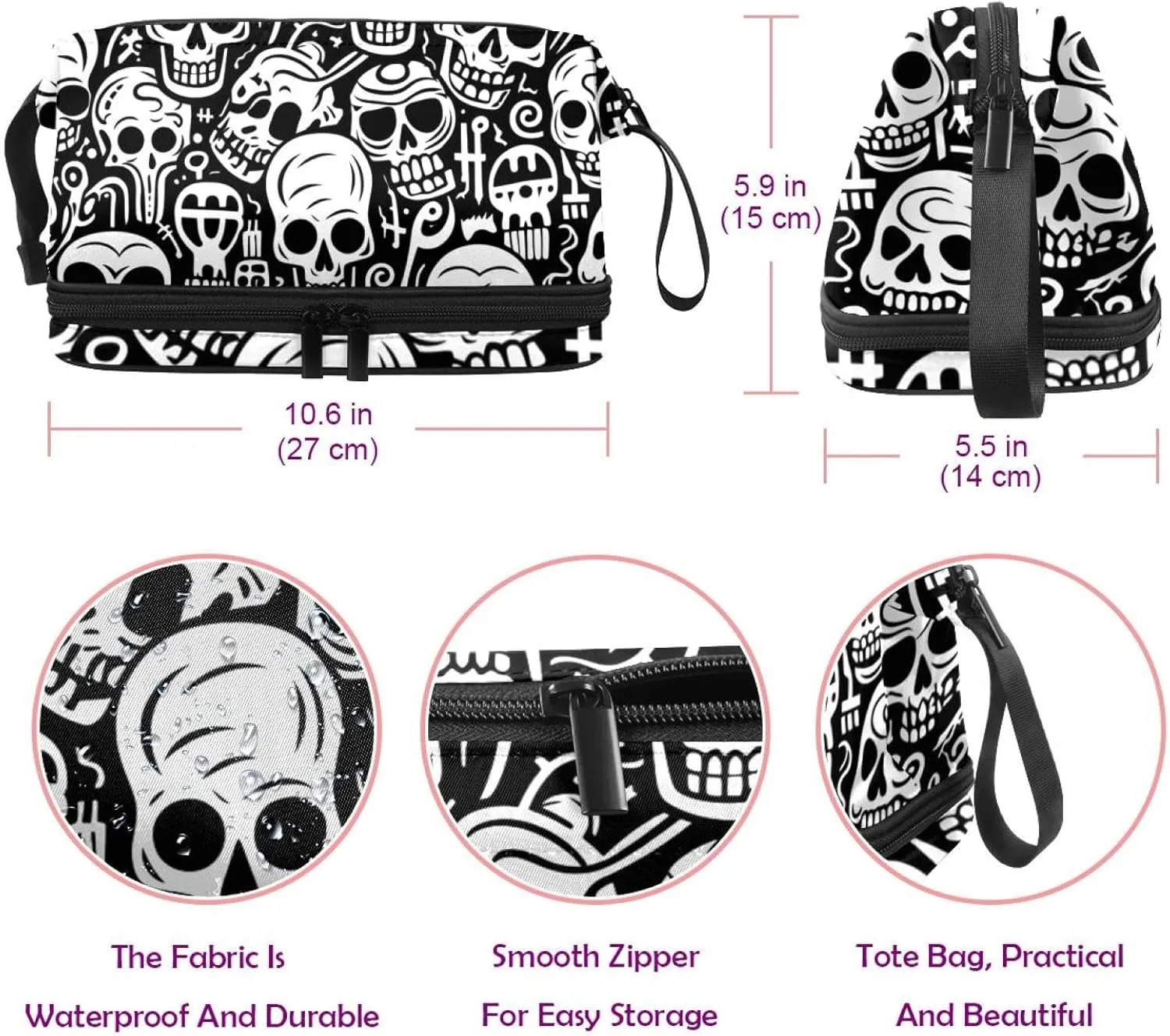Travel Makeup Bag,Travel Toiletry Bag for Women,Vintage Black White Skull,Cosmetic Travel Bag