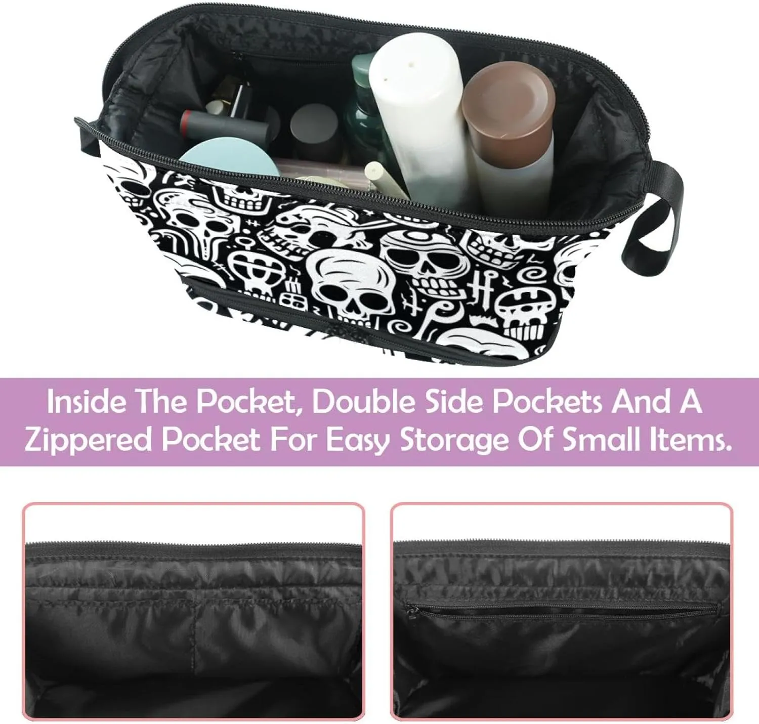 Travel Makeup Bag,Travel Toiletry Bag for Women,Vintage Black White Skull,Cosmetic Travel Bag