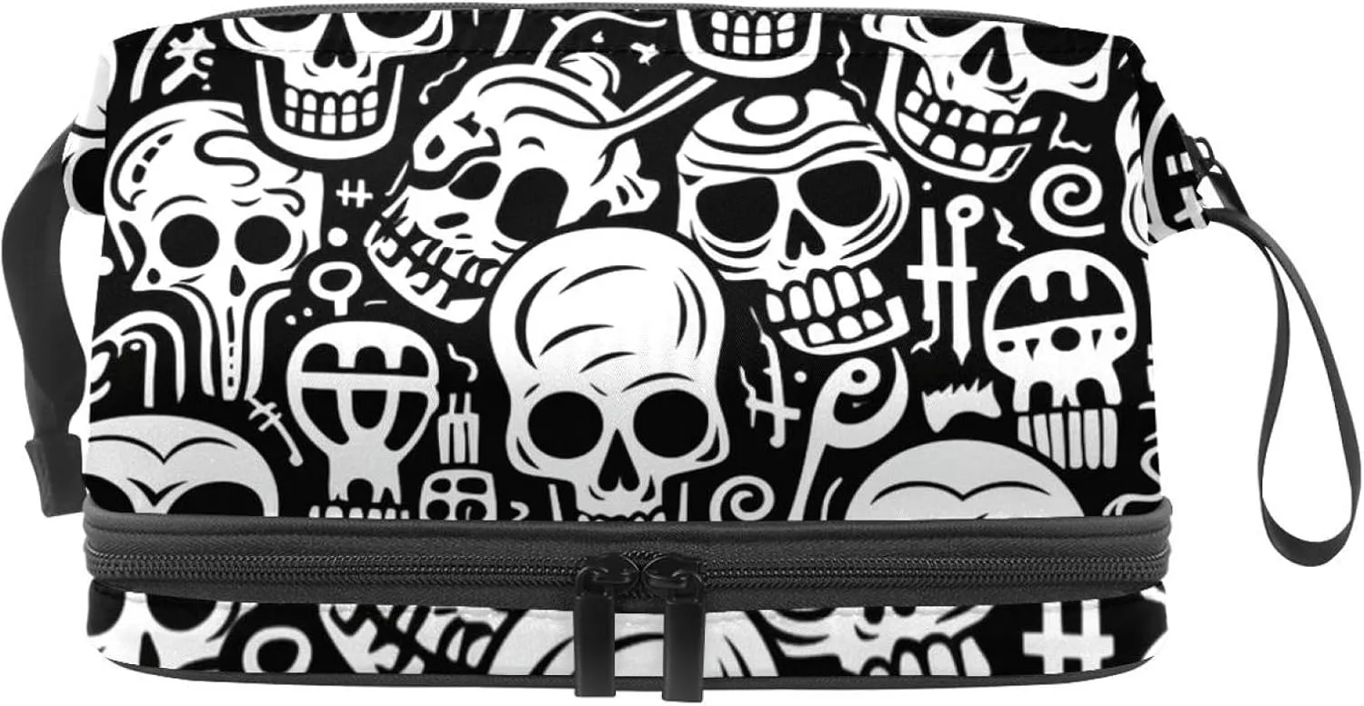 Travel Makeup Bag,Travel Toiletry Bag for Women,Vintage Black White Skull,Cosmetic Travel Bag