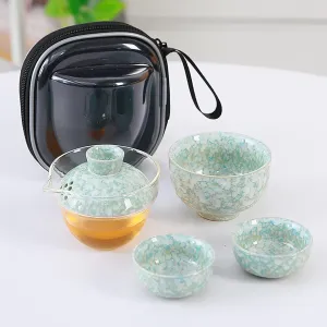 Travel tea set chinese tea set kung fu cup gaiwan tea set portable tea set，Kiln Altered Glaze tea set,All-in-one Teapot,3 Teacups,1 Travel Bag (Color : Greenish blue)