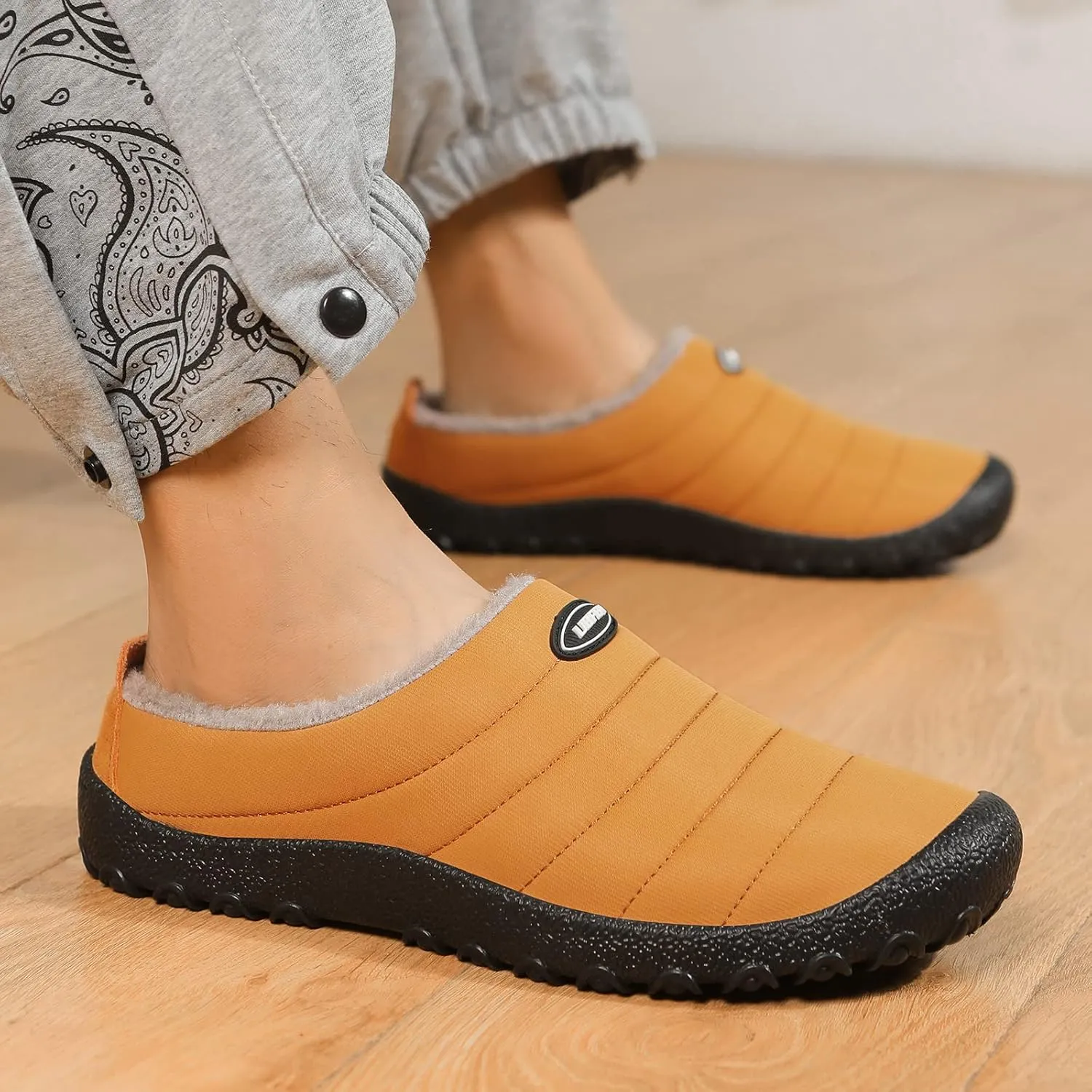 UBFEN Mens Womens Winter Warm Slippers with Fuzzy Plush Lining Slip on House Shoes Indoor Outdoor Anti-Skid Rubber Sole
