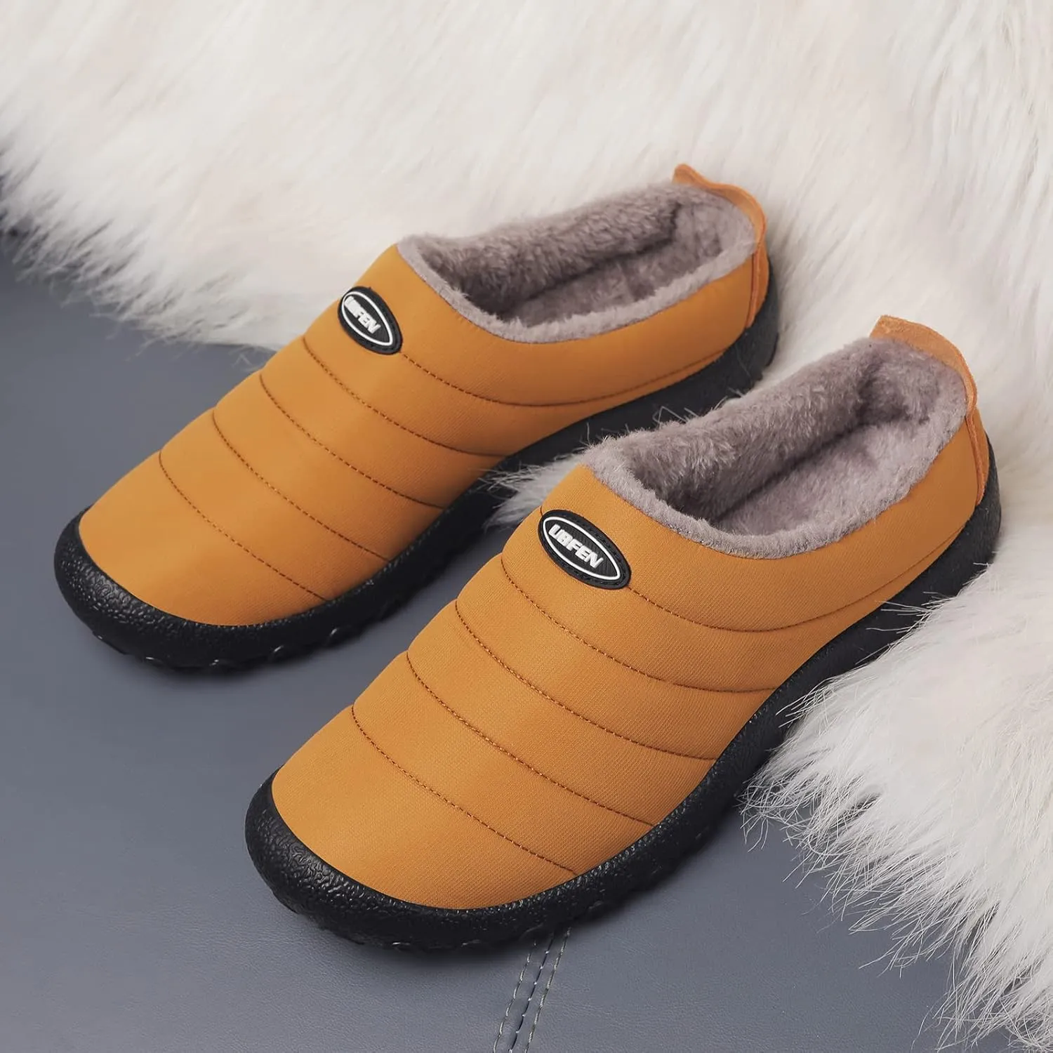 UBFEN Mens Womens Winter Warm Slippers with Fuzzy Plush Lining Slip on House Shoes Indoor Outdoor Anti-Skid Rubber Sole